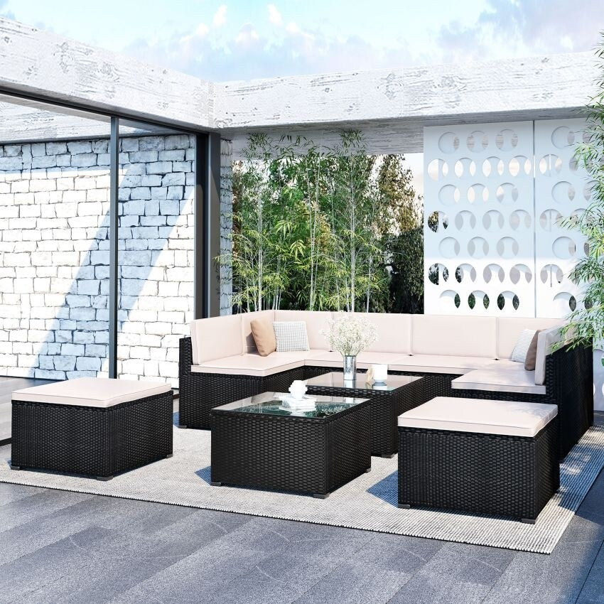 10-Piece Patio Rattan PE Wicker Furniture Corner Sofa Set