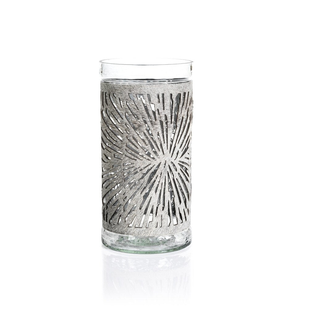 10" Tall Glass Hurricane, Hair On Leather, Silver