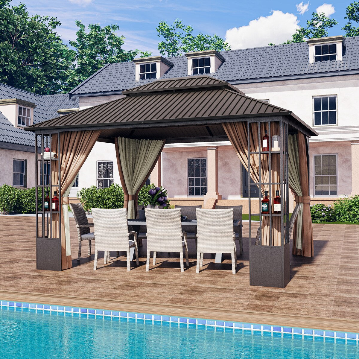 10 ft. x 12 ft. Double Roof Hardtop Patio Gazebo with Aluminum Frame, Storage Shelf