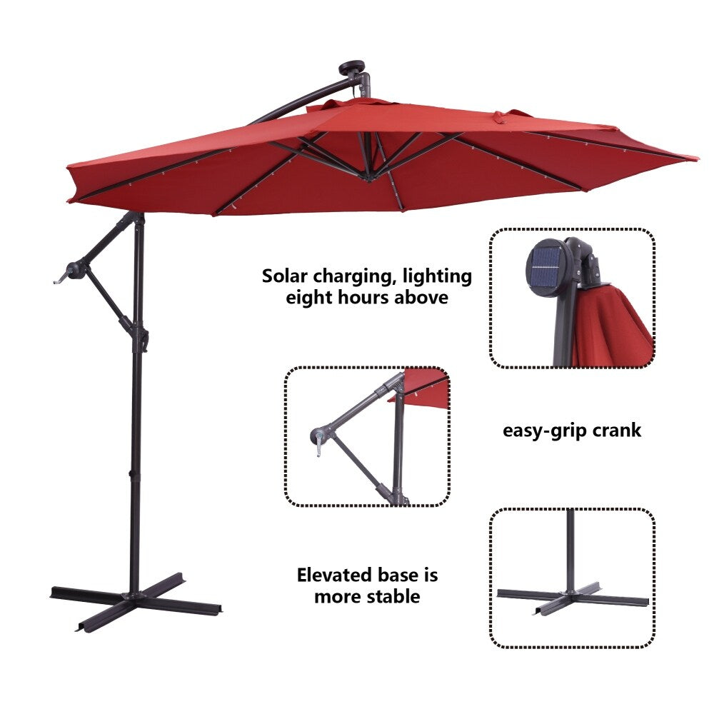 10 ft.Red Hanging Cantilever Solar LED Umbrella