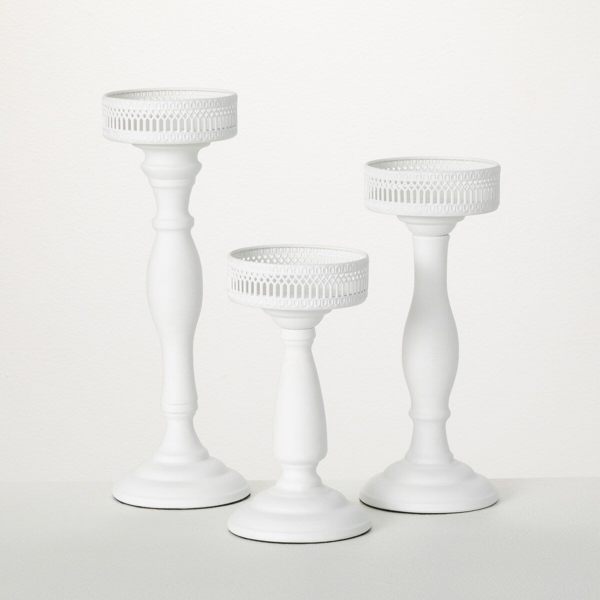 10.75" Pedestal Metal Candle Holders - Set of 3, White