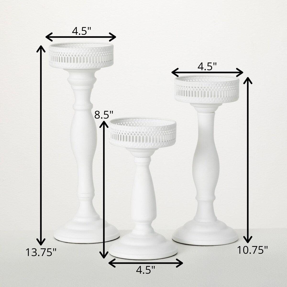 10.75" Pedestal Metal Candle Holders - Set of 3, White