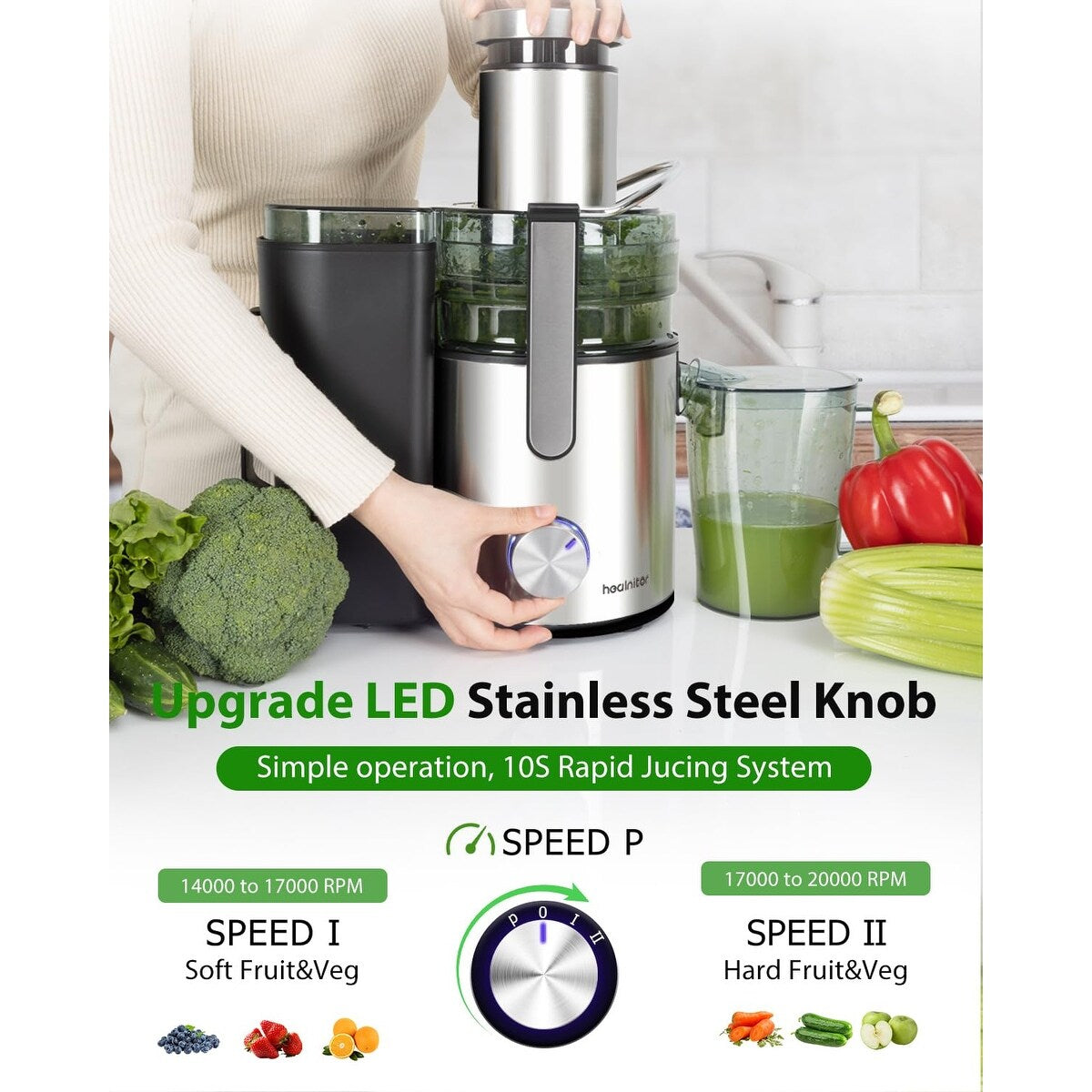 1000W 3-Speed LED Centrifugal Juicer Machines Vegetable and Fruit, 3.5" Big Wide Chute, Easy Clean, High Juice Yield, BPA Free