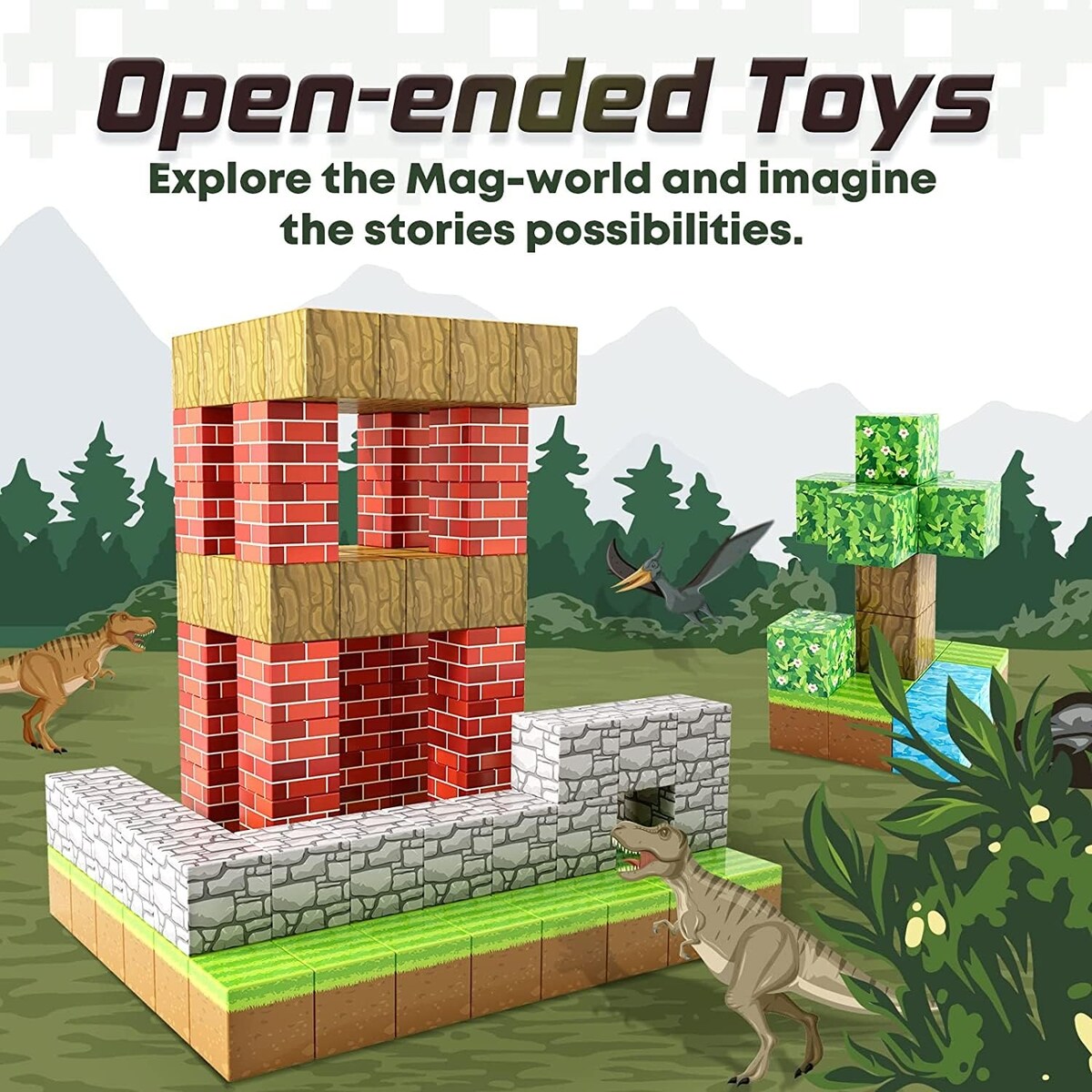 100PCS Magnetic Blocks-Build Mine Magnet World Set for Boys & Girls Age 3-5 6-8, STEM Sensory Toys for Toddlers Gift
