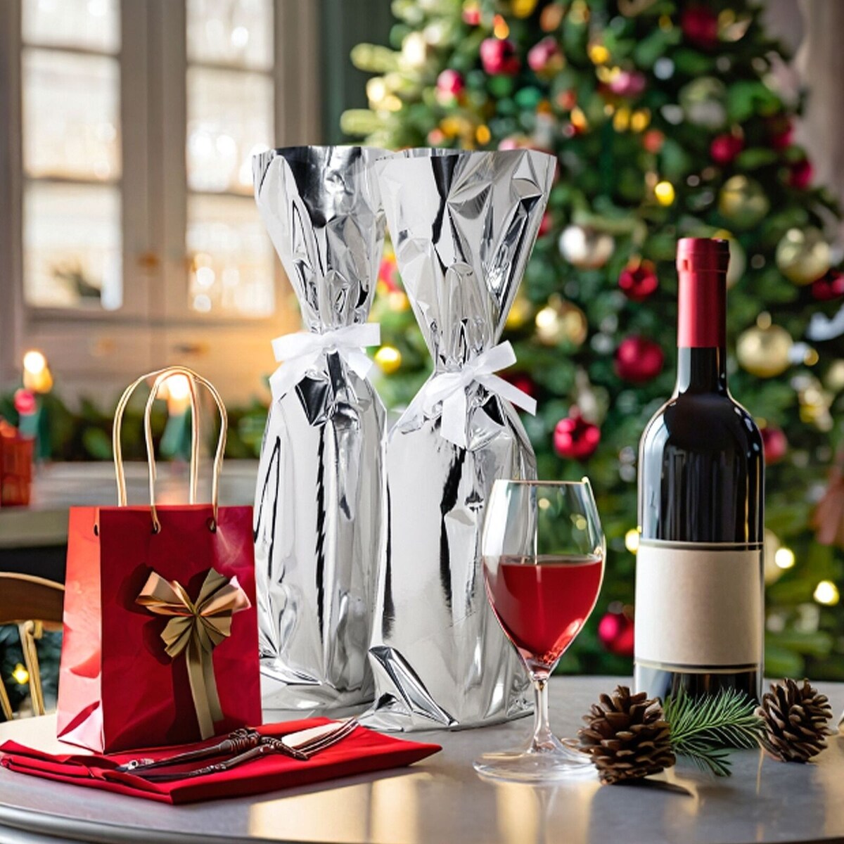 100Pcs Silver Foil Wine Bottle Gift Bags Metallic Wraps