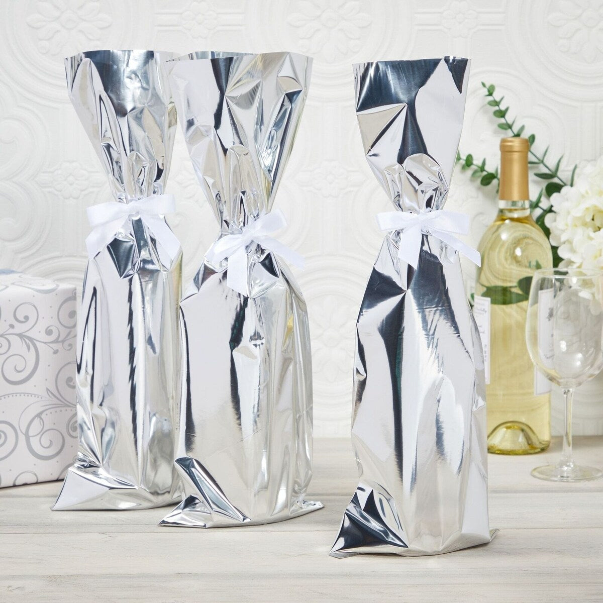 100Pcs Silver Foil Wine Bottle Gift Bags Metallic Wraps