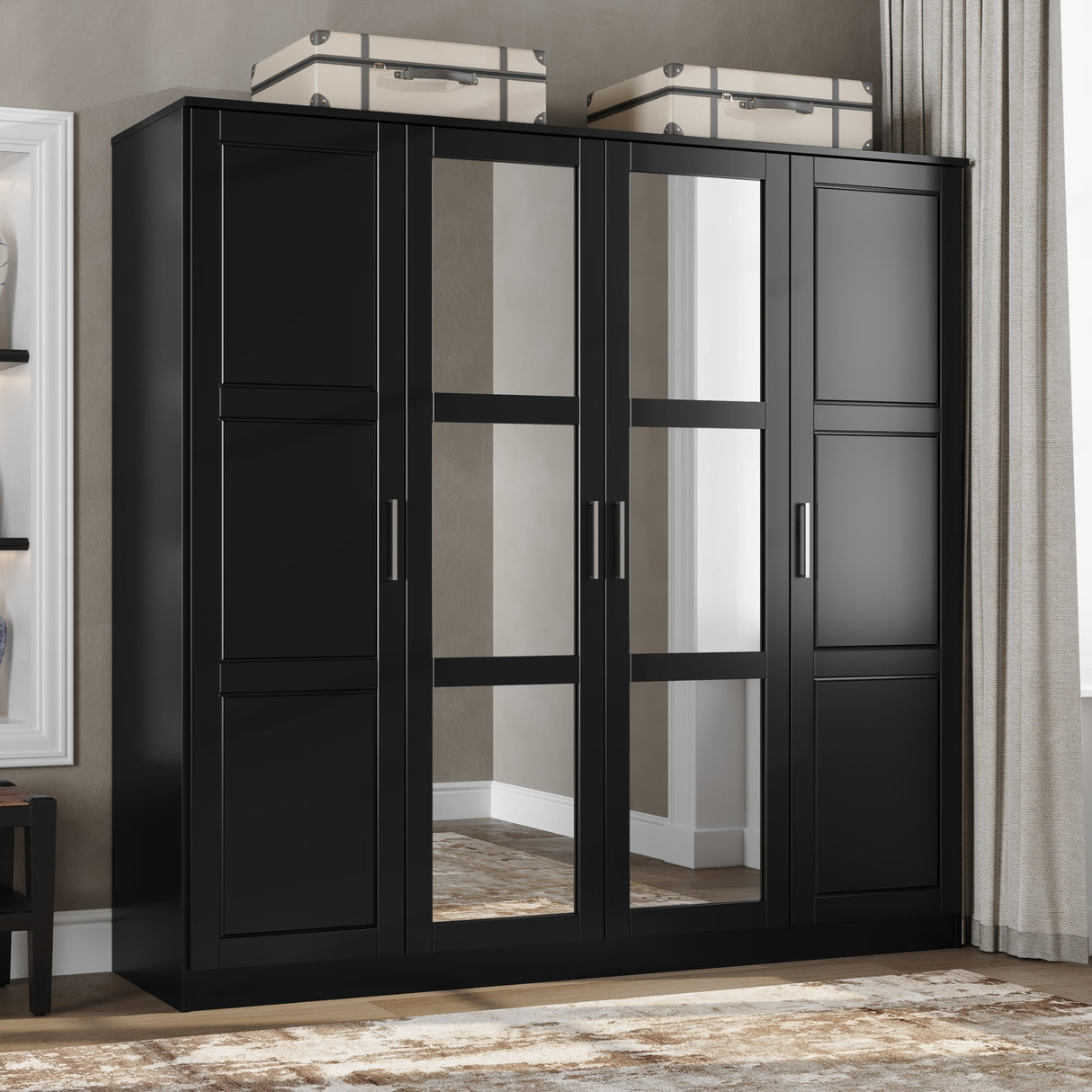 100% Solid Wood Cosmo 4-Door Wardrobe with Solid Wood or Mirrored Doors by Palace Imports