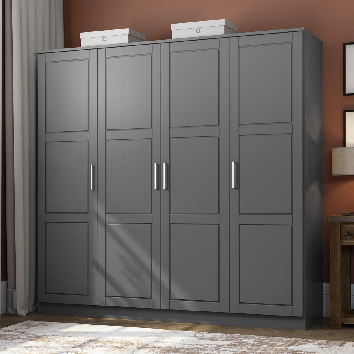 100% Solid Wood Cosmo 4-Door Wardrobe with Solid Wood or Mirrored Doors by Palace Imports