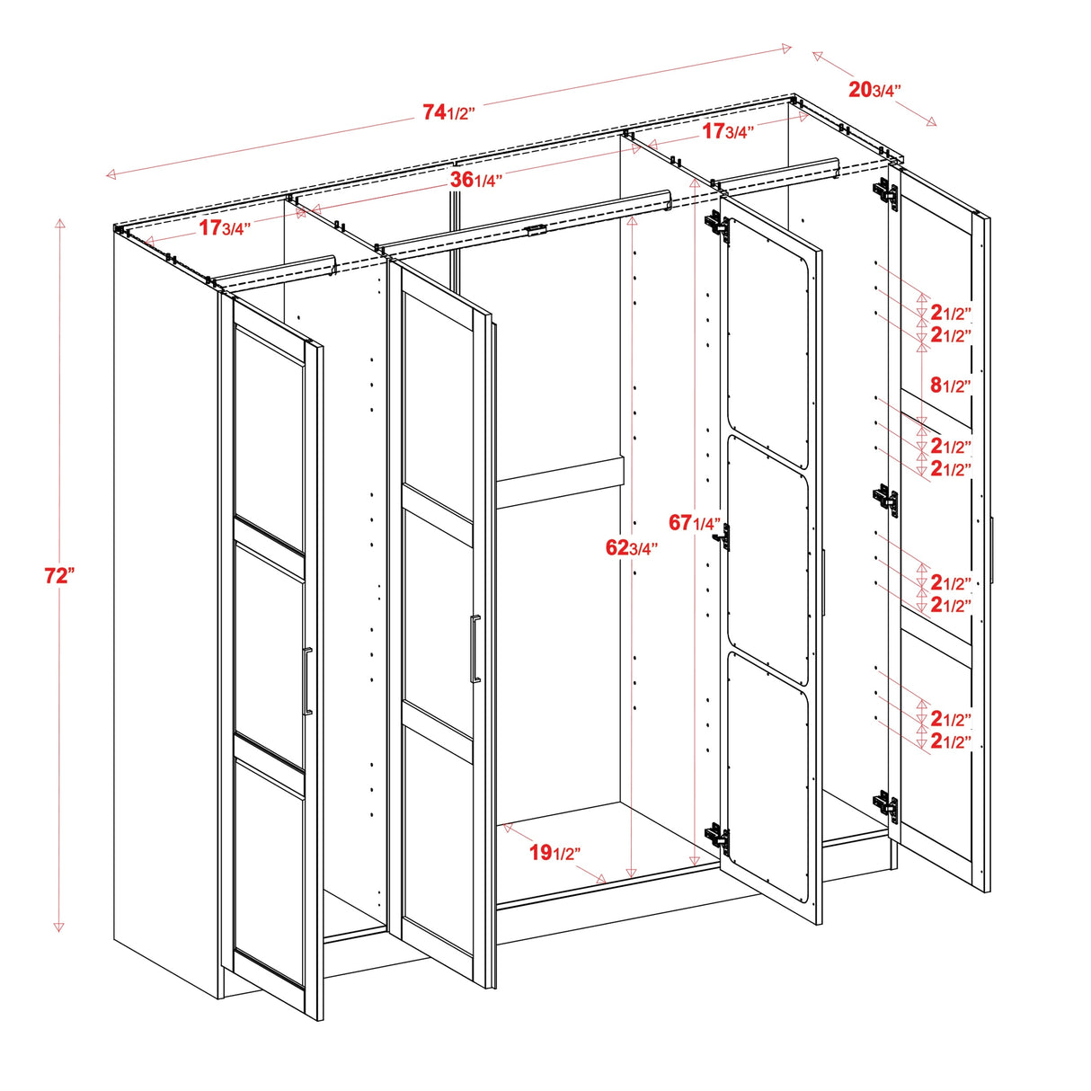 100% Solid Wood Cosmo 4-Door Wardrobe with Solid Wood or Mirrored Doors by Palace Imports