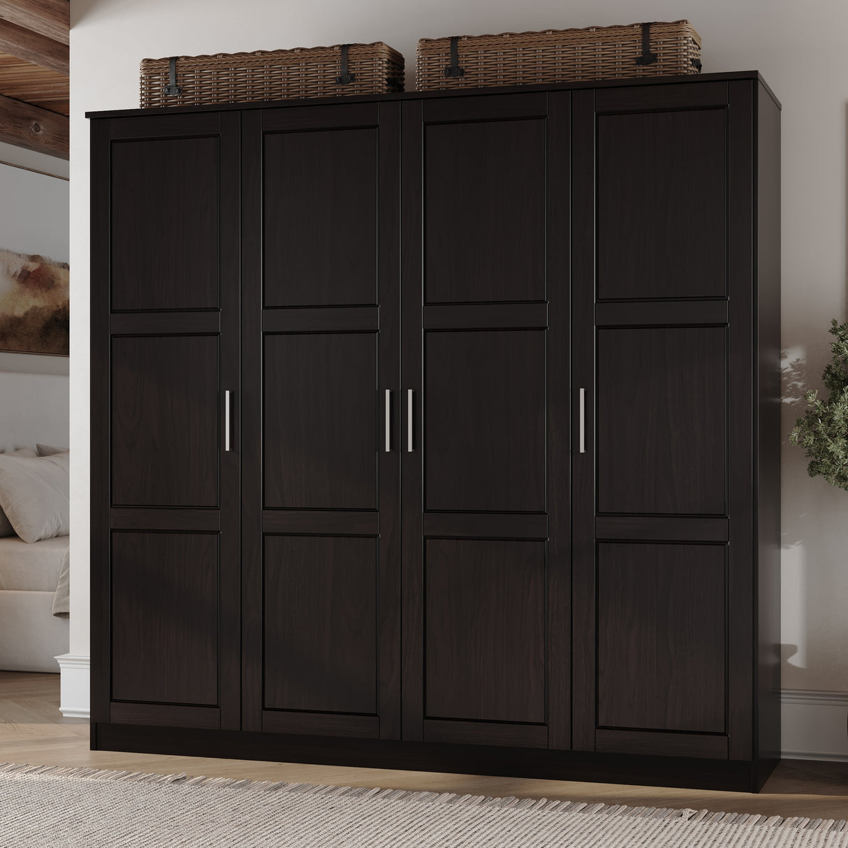 100% Solid Wood Cosmo 4-Door Wardrobe with Solid Wood or Mirrored Doors by Palace Imports