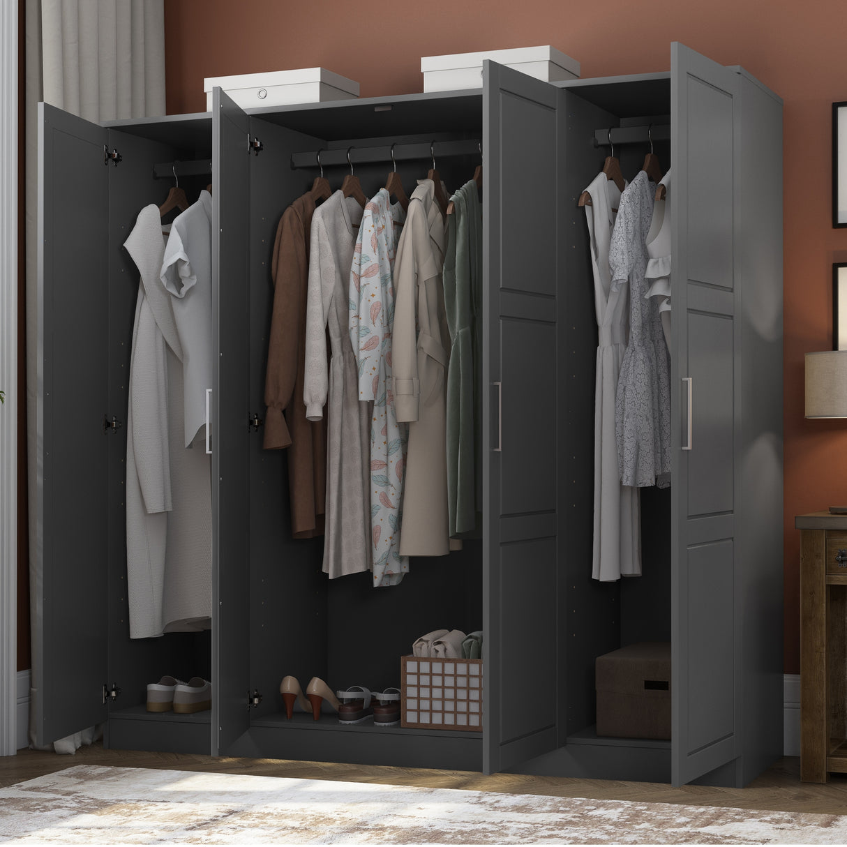 100% Solid Wood Cosmo 4-Door Wardrobe with Solid Wood or Mirrored Doors by Palace Imports