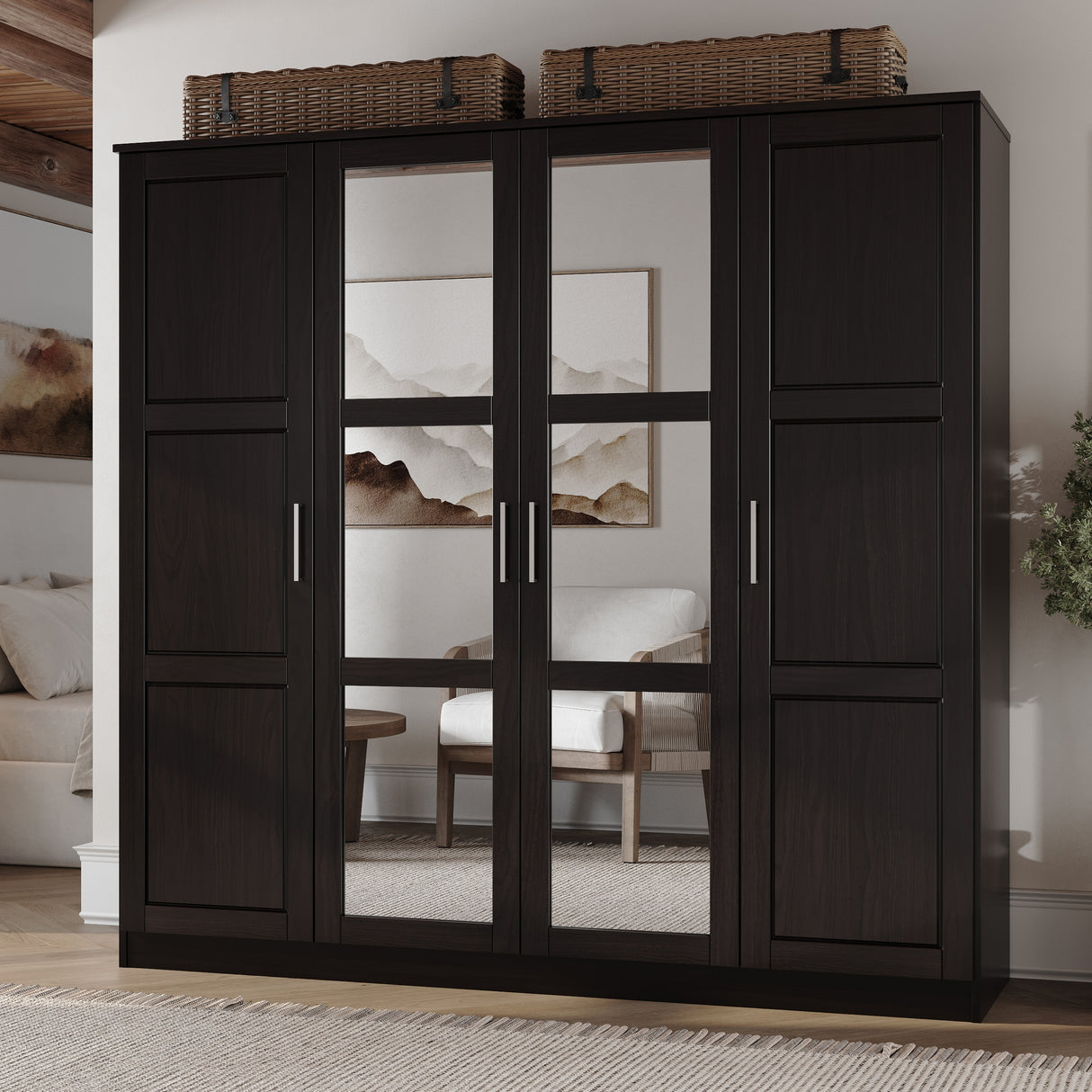100% Solid Wood Cosmo 4-Door Wardrobe with Solid Wood or Mirrored Doors by Palace Imports