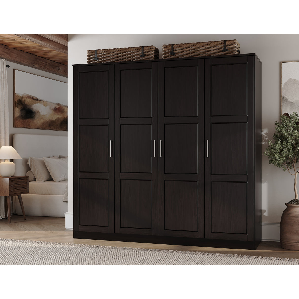 100% Solid Wood Cosmo 4-Door Wardrobe with Solid Wood or Mirrored Doors by Palace Imports