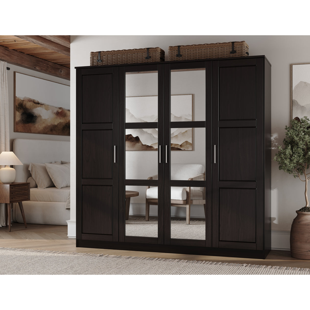 100% Solid Wood Cosmo 4-Door Wardrobe with Solid Wood or Mirrored Doors by Palace Imports