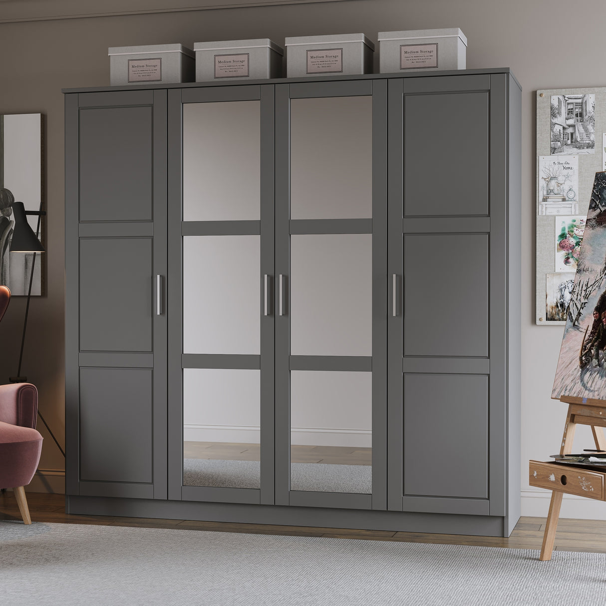 100% Solid Wood Cosmo 4-Door Wardrobe with Solid Wood or Mirrored Doors by Palace Imports
