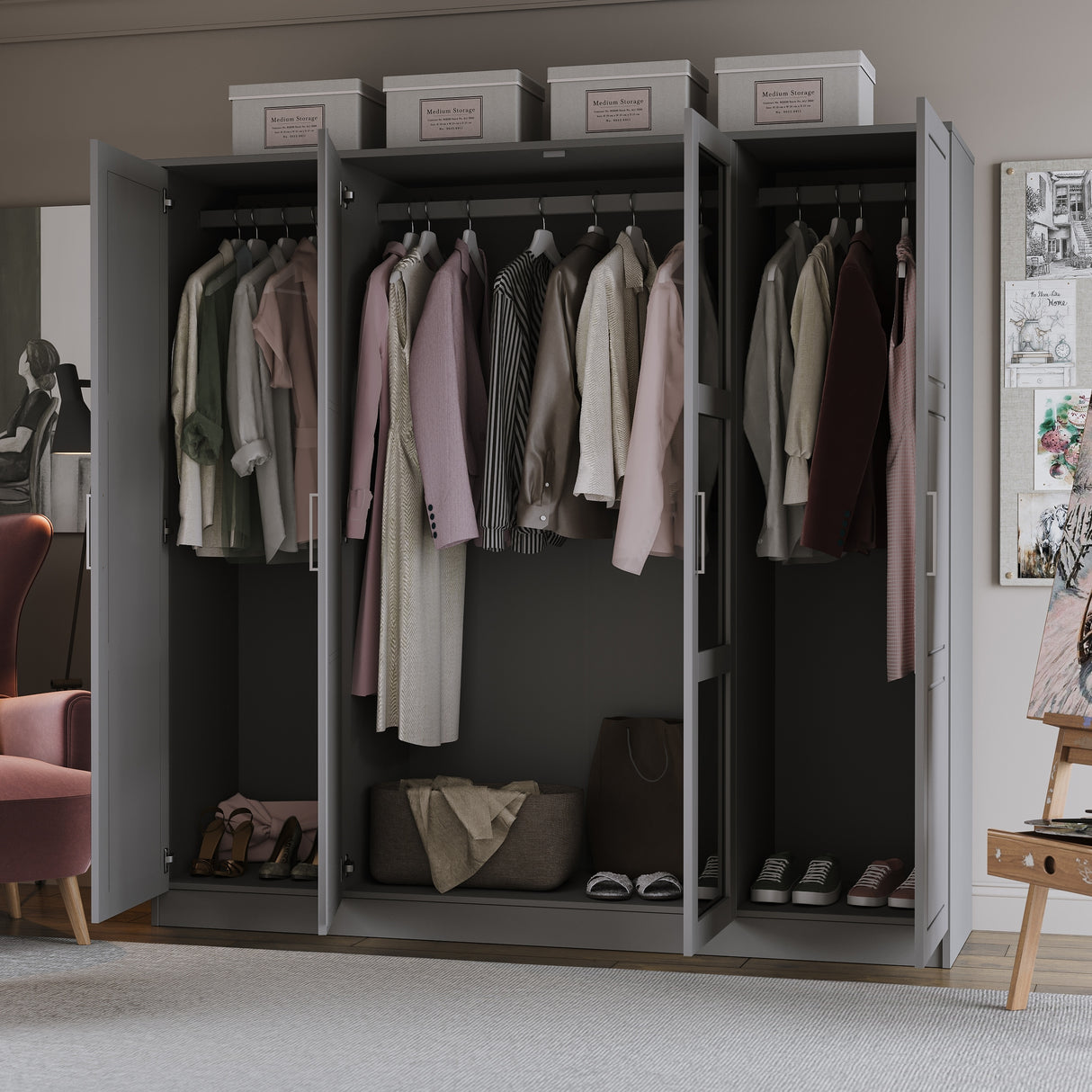 100% Solid Wood Cosmo 4-Door Wardrobe with Solid Wood or Mirrored Doors by Palace Imports