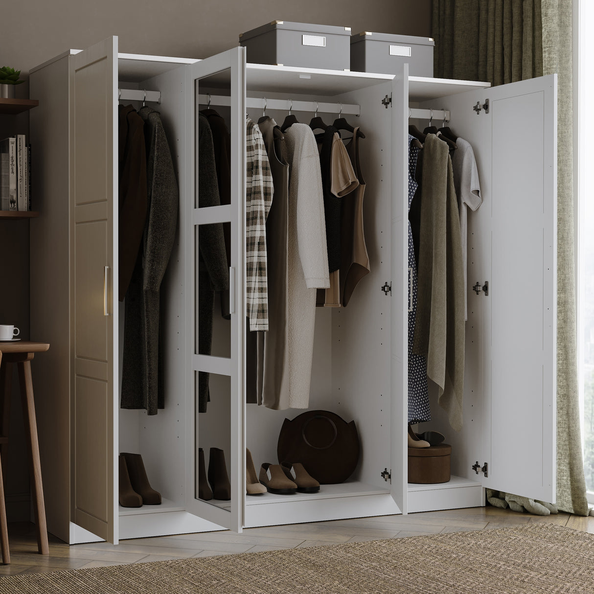 100% Solid Wood Cosmo 4-Door Wardrobe with Solid Wood or Mirrored Doors by Palace Imports