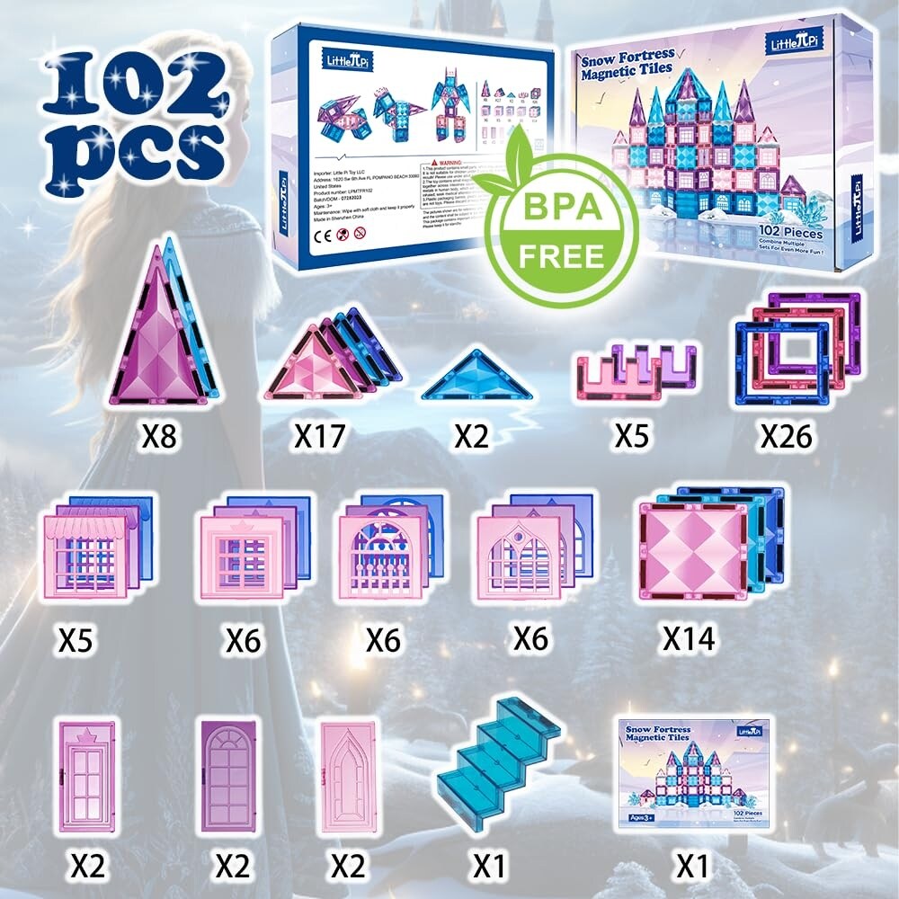 102pcs Frozen Princess Castle Magnetic Tiles Building Blocks - 3D Diamond Blocks, STEM Educational Toddler Toys