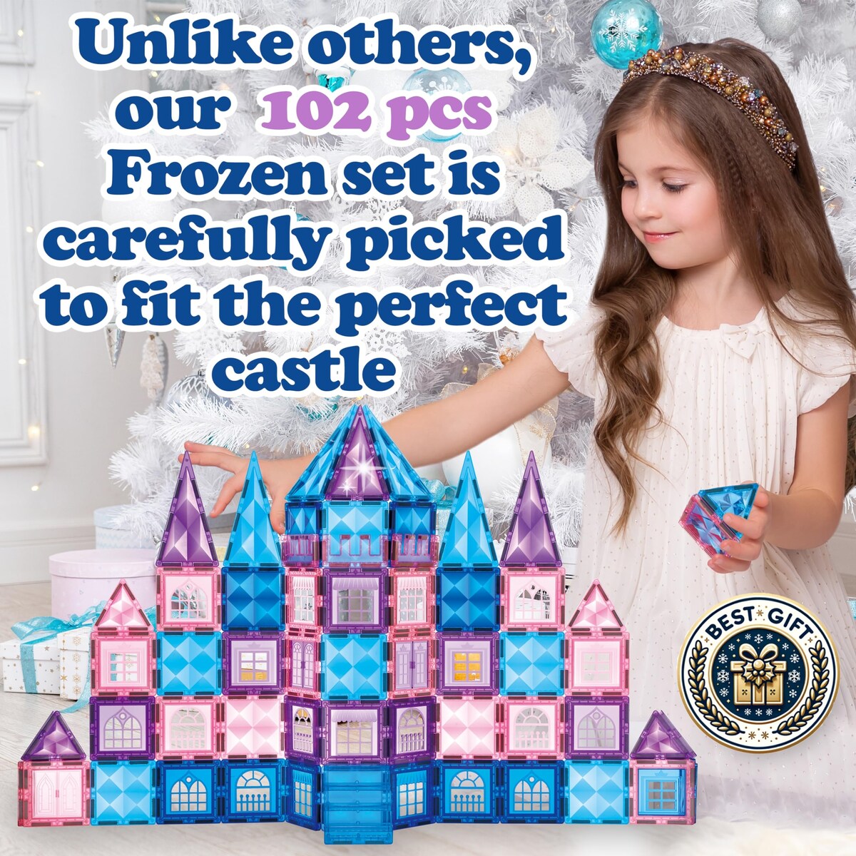 102pcs Frozen Princess Castle Magnetic Tiles Building Blocks - 3D Diamond Blocks, STEM Educational Toddler Toys