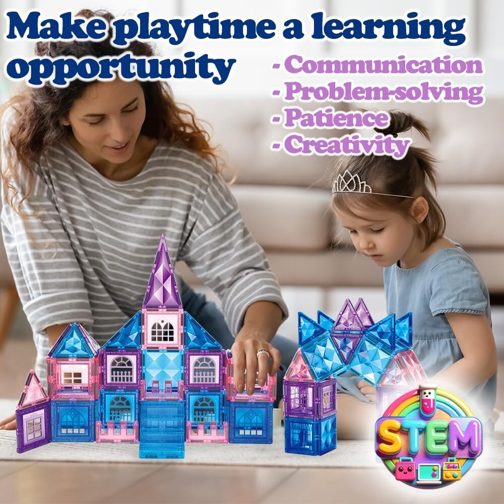 102pcs Frozen Princess Castle Magnetic Tiles Building Blocks - 3D Diamond Blocks, STEM Educational Toddler Toys