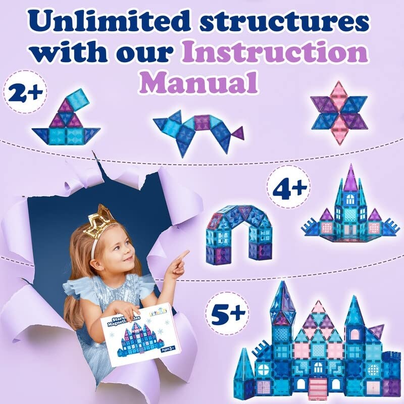 102pcs Frozen Princess Castle Magnetic Tiles Building Blocks - 3D Diamond Blocks, STEM Educational Toddler Toys