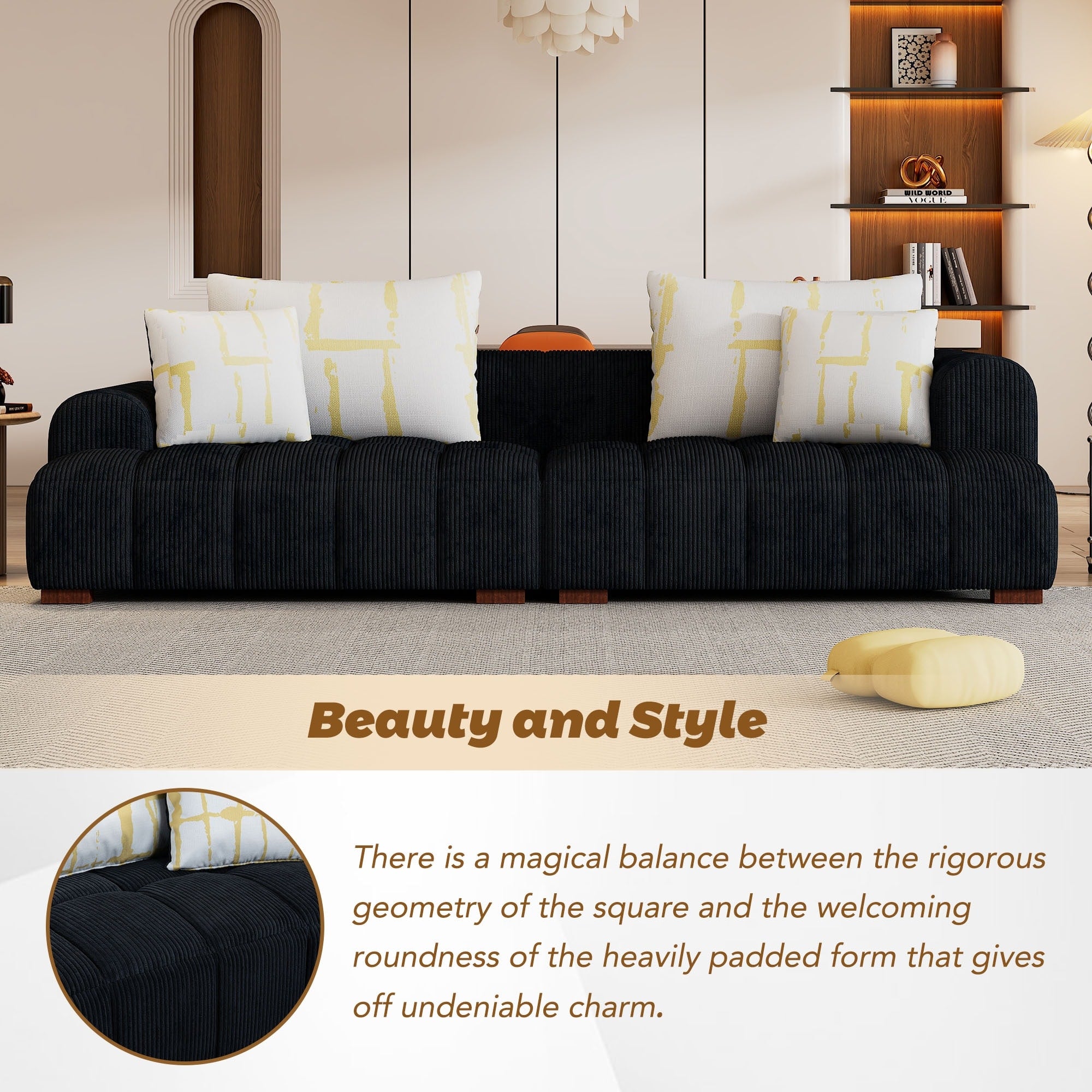 Comfy Corduroy Upholstered Sofa with Wood Legs and Pillows 38.50 x 1