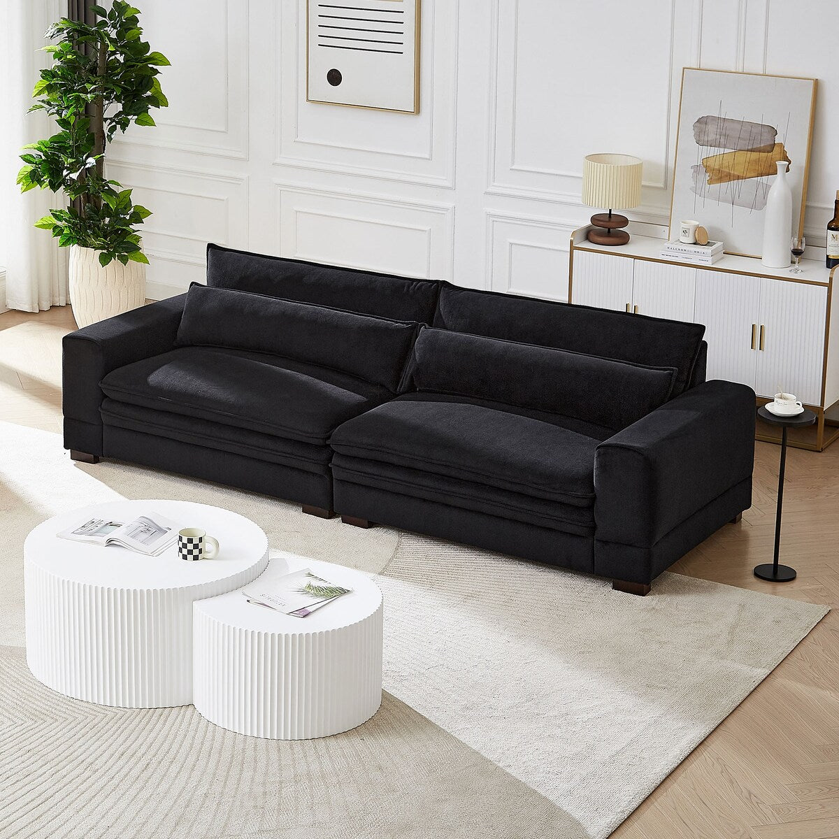 104 in Mid-Century Modern Fabric Sofa, Upholstered Sofa Couch with 2 Pillows, Solid Wood Legs