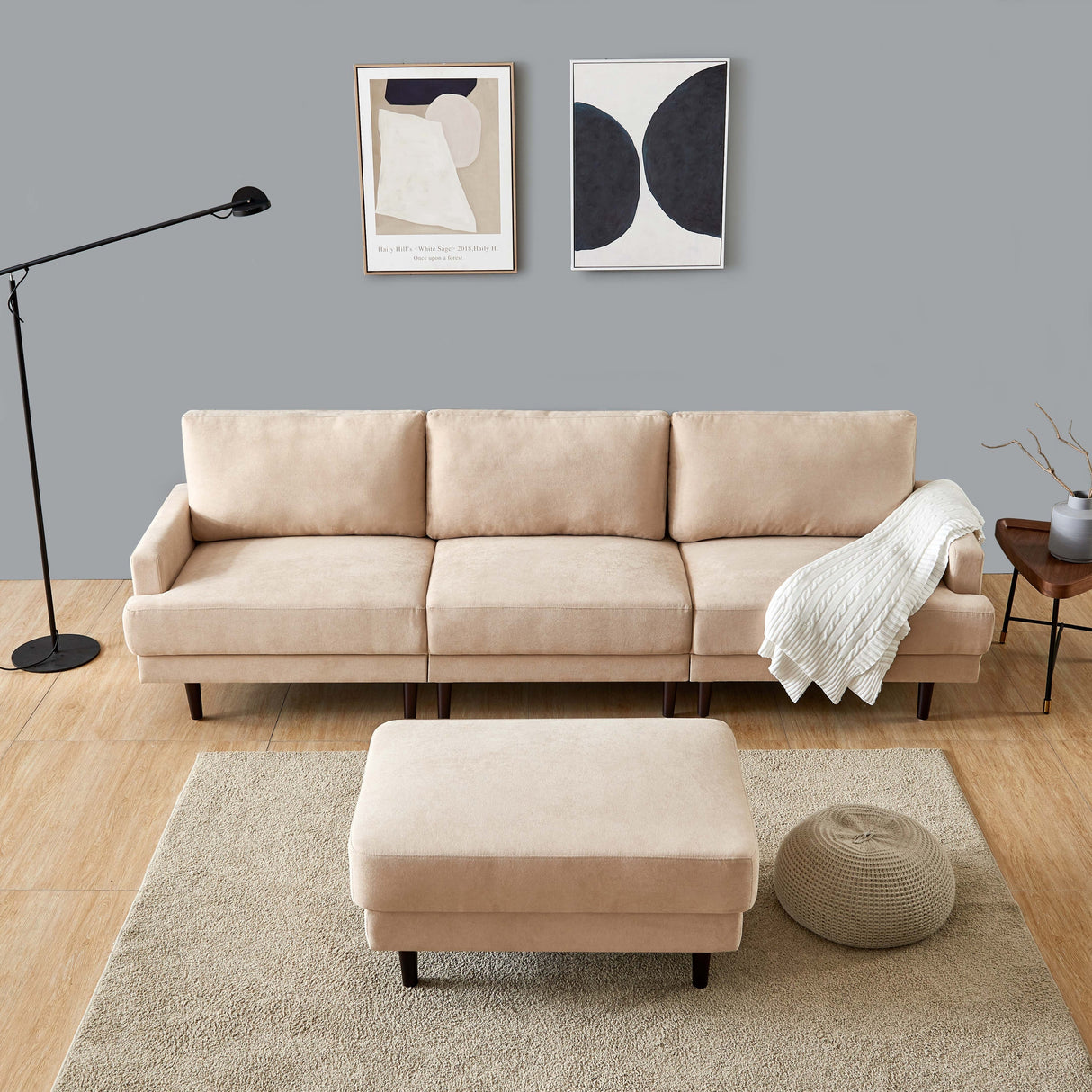 104.6" L Shape Modern Fabric Sectional Sofa with Solid Wood Frame & Legs, 3 Seater Sofa with Reversible Ottoman for Living Room