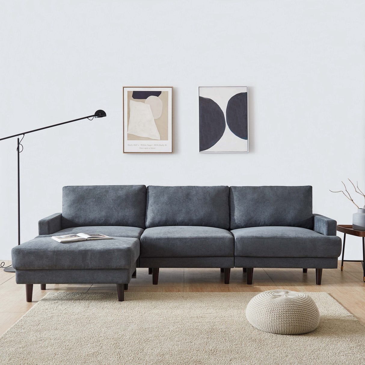 104.6" L Shape Modern Fabric Sectional Sofa with Solid Wood Frame & Legs, 3 Seater Sofa with Reversible Ottoman for Living Room