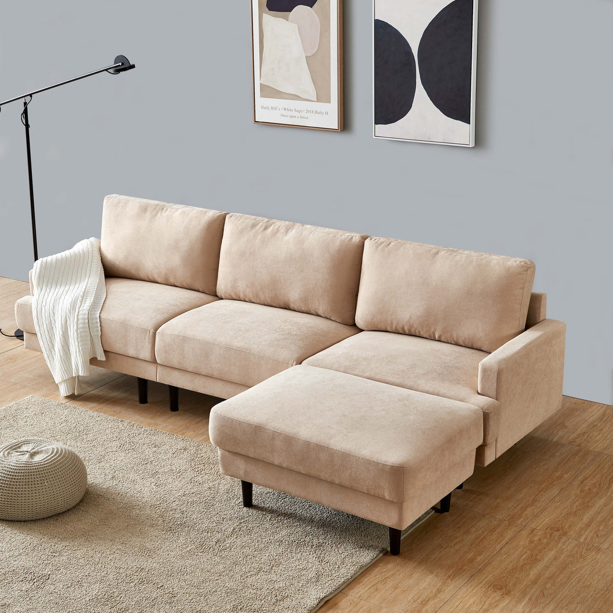 104.6" L Shape Modern Fabric Sectional Sofa with Solid Wood Frame & Legs, 3 Seater Sofa with Reversible Ottoman for Living Room