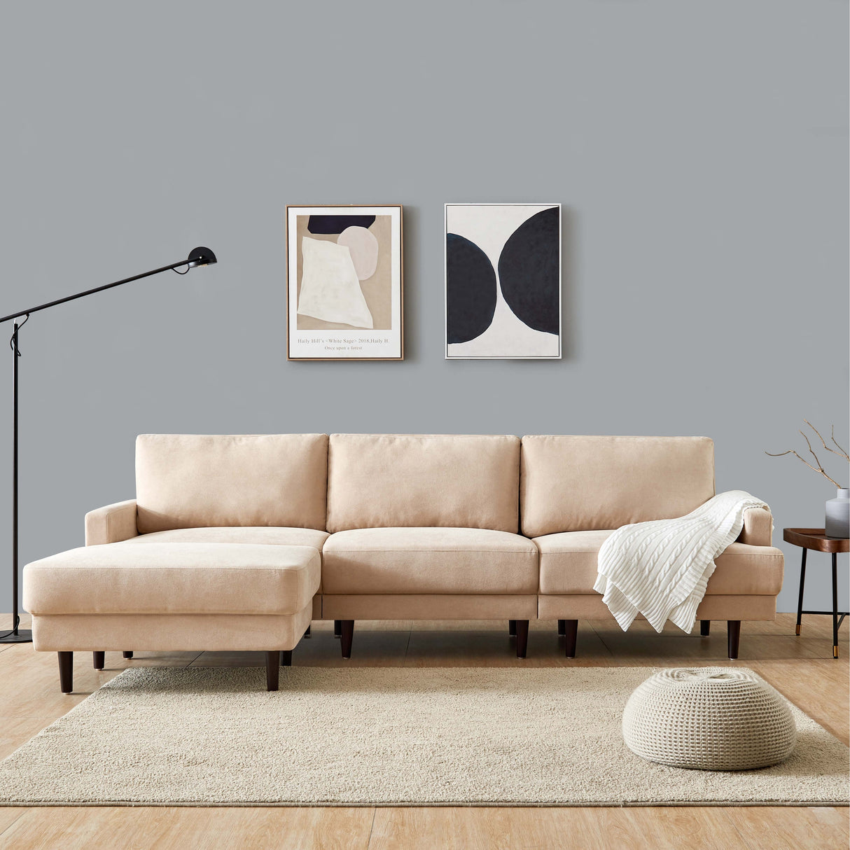 104.6" L Shape Modern Fabric Sectional Sofa with Solid Wood Frame & Legs, 3 Seater Sofa with Reversible Ottoman for Living Room