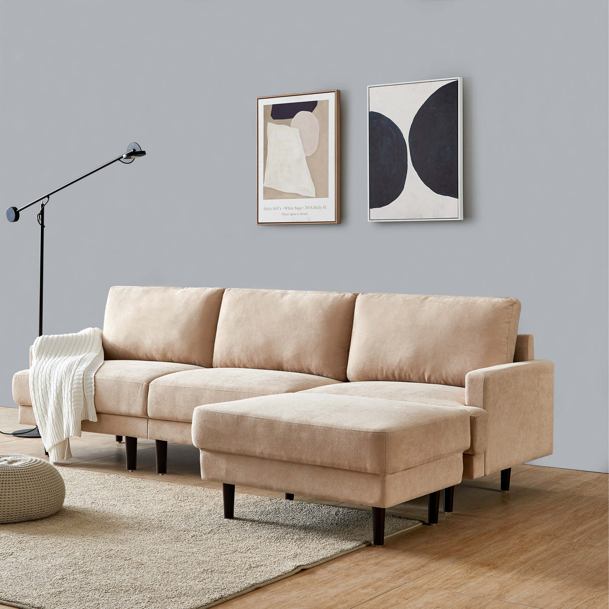 104.6" L Shape Modern Fabric Sectional Sofa with Solid Wood Frame & Legs, 3 Seater Sofa with Reversible Ottoman for Living Room
