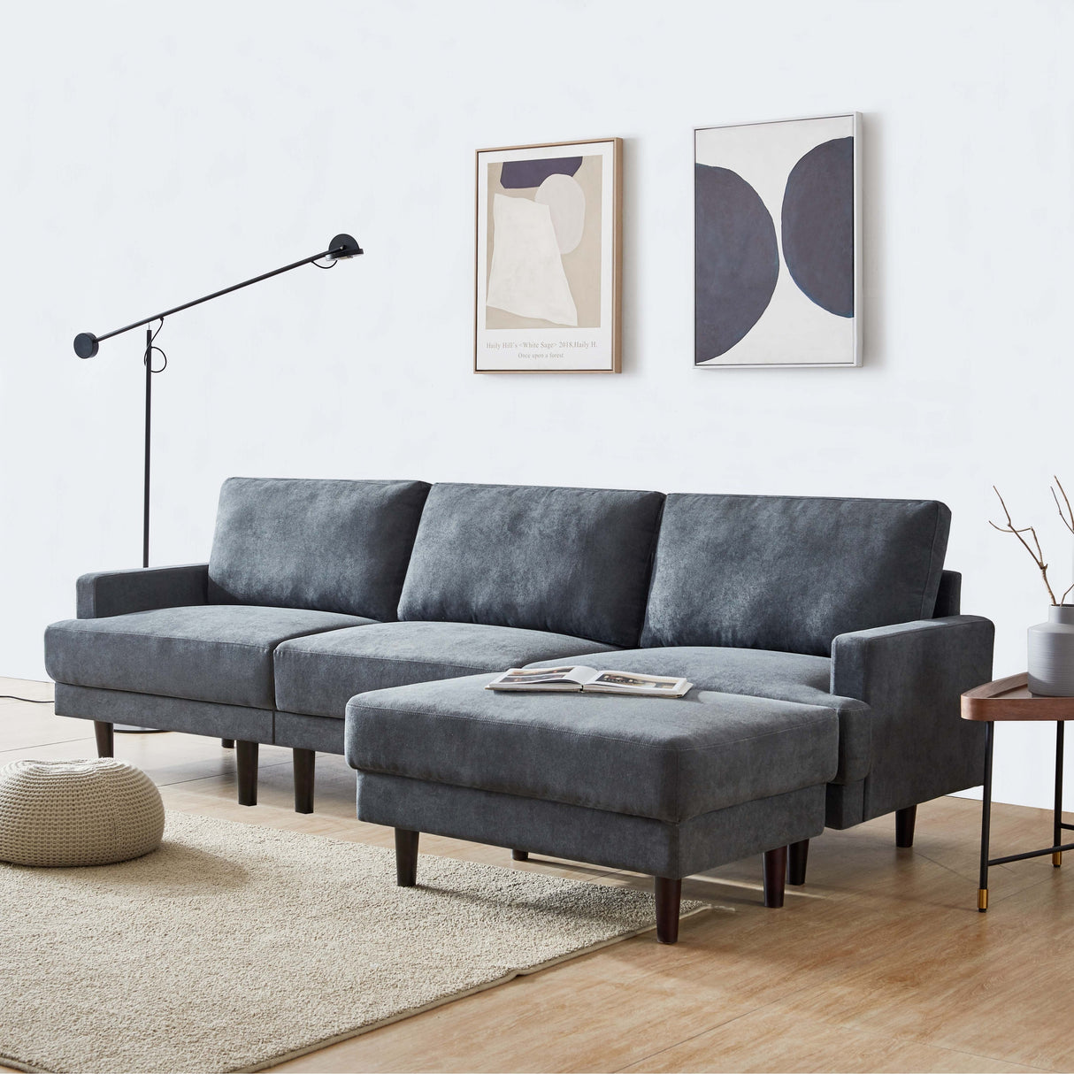 104.6" L Shape Modern Fabric Sectional Sofa with Solid Wood Frame & Legs, 3 Seater Sofa with Reversible Ottoman for Living Room