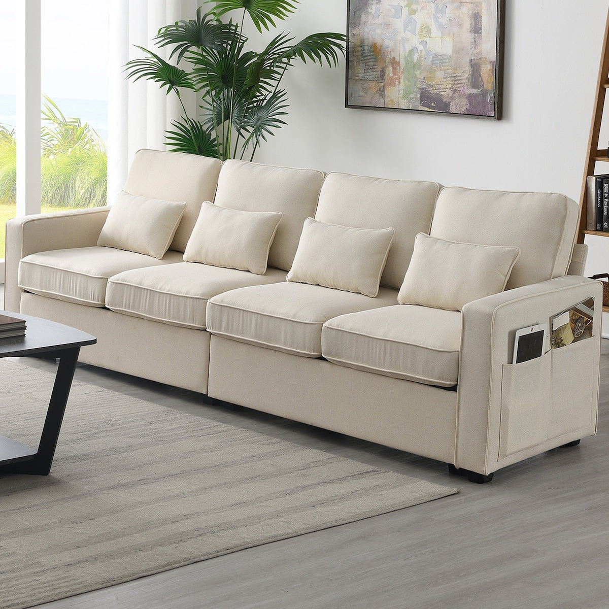 104" 4-Seater Modern Linen Fabric Sofa with Armrest Pockets and 4 Pillows,Minimalist Style Couch