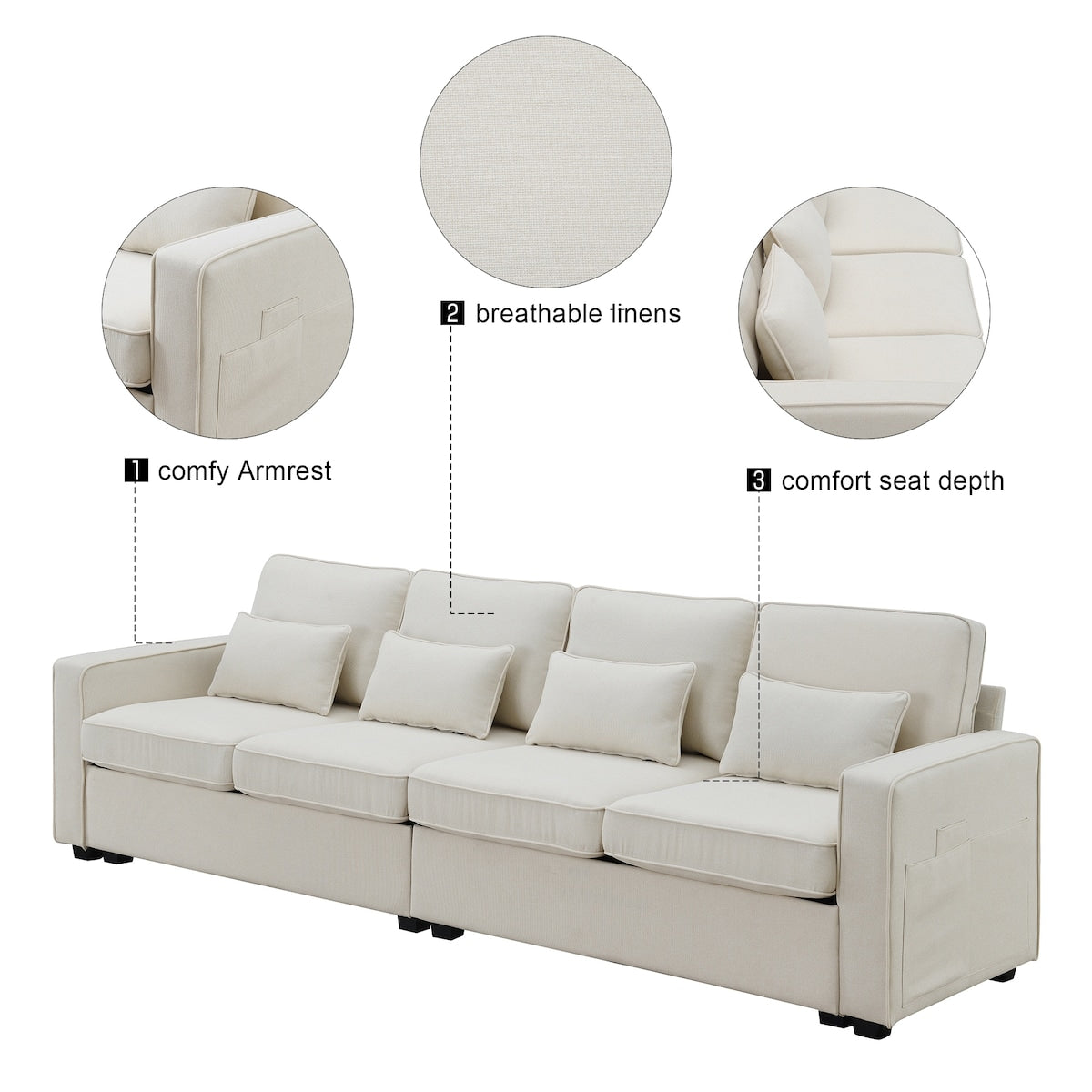 104" 4-Seater Modern Linen Fabric Sofa with Armrest Pockets and 4 Pillows,Minimalist Style Couch