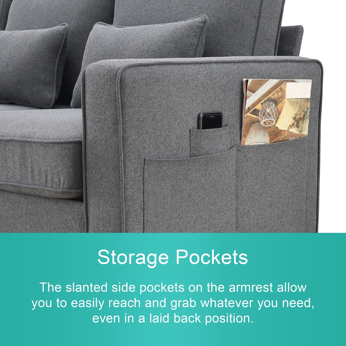104" 4-Seater Modern Linen Fabric Sofa with Armrest Pockets and 4 Pillows,Minimalist Style Couch