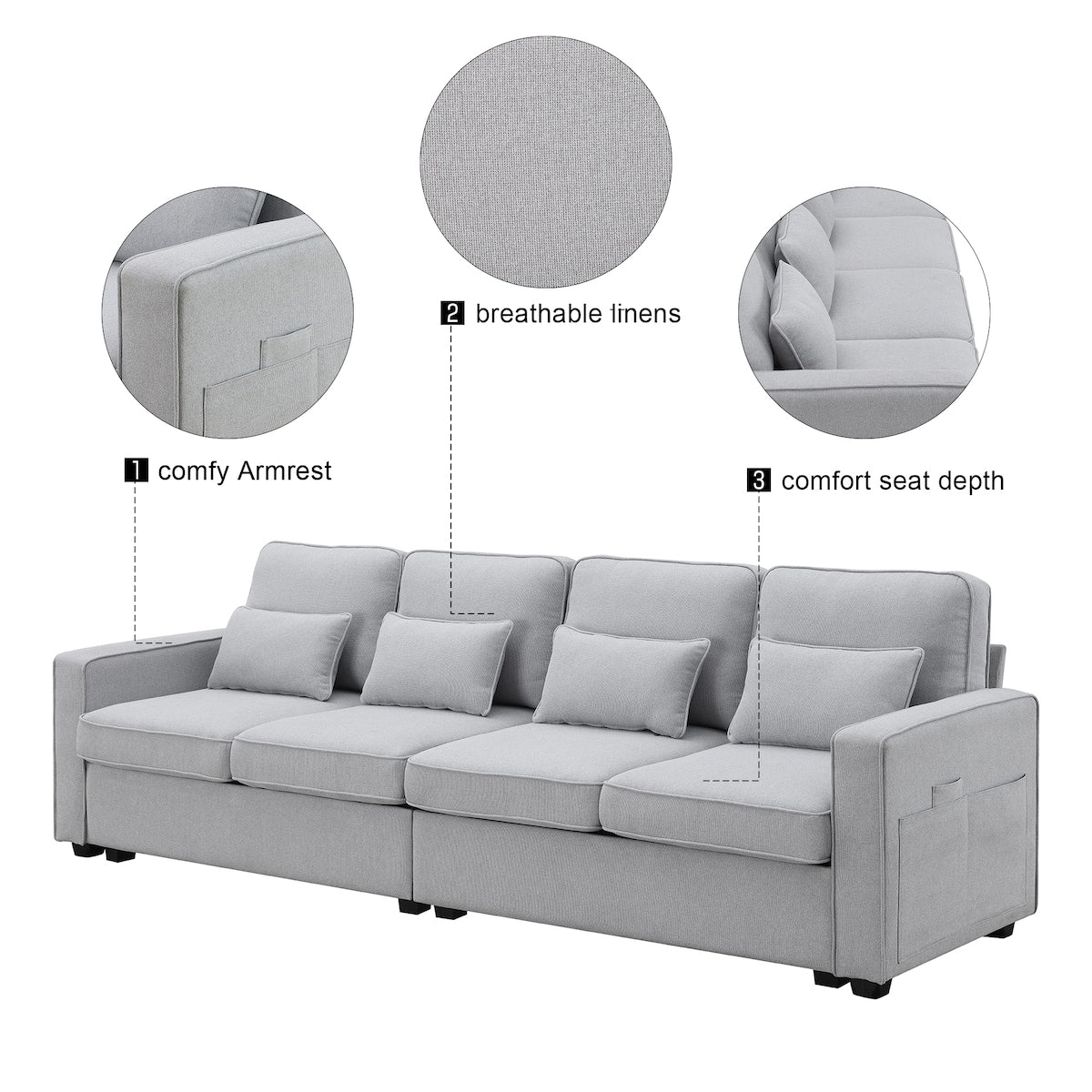 104" 4-Seater Modern Linen Fabric Sofa with Armrest Pockets and 4 Pillows,Minimalist Style Couch
