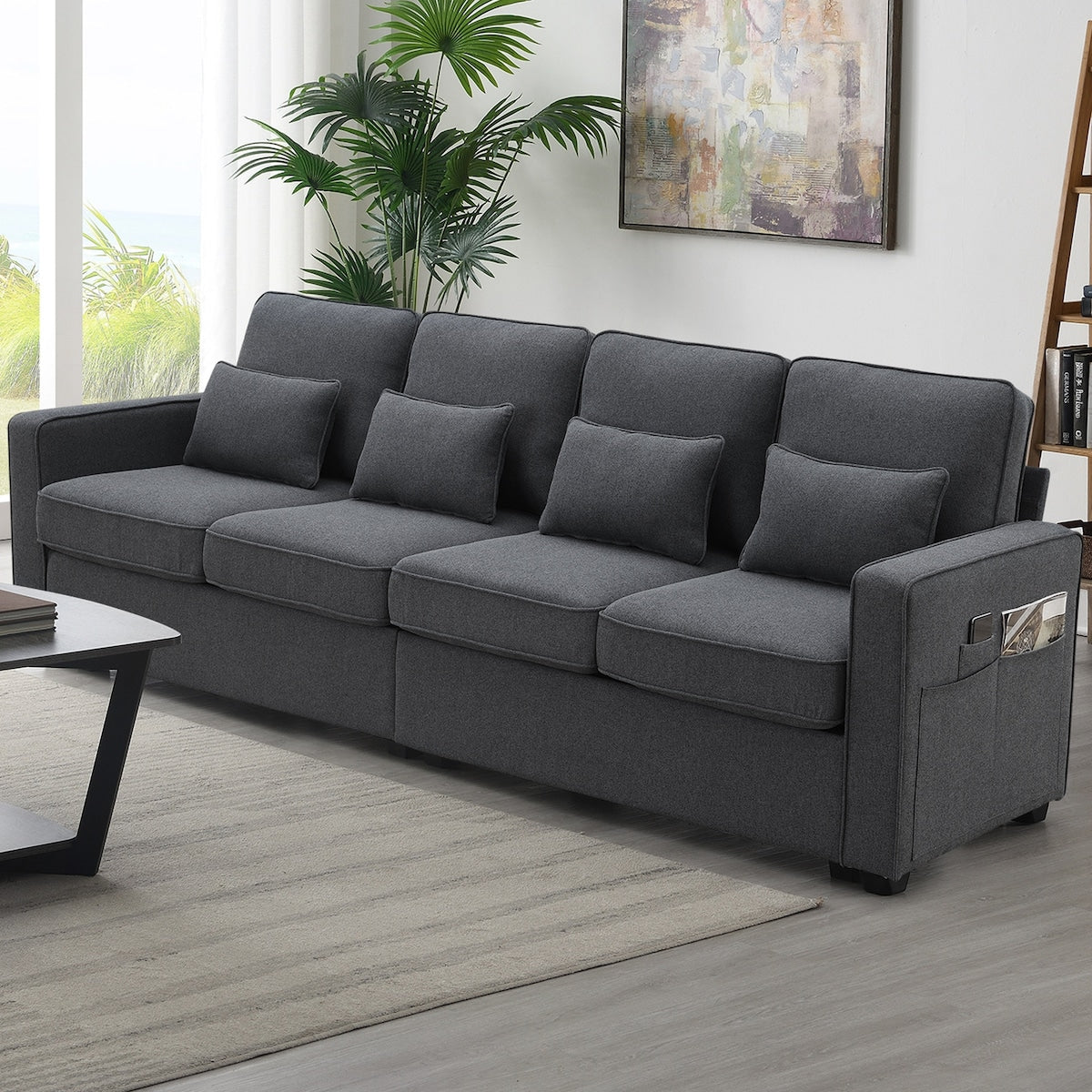 104" 4-Seater Modern Linen Fabric Sofa with Armrest Pockets and 4 Pillows,Minimalist Style Couch