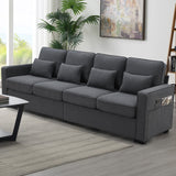 104" 4-Seater Modern Linen Fabric Sofa with Armrest Pockets and 4 Pillows,Minimalist Style Couch