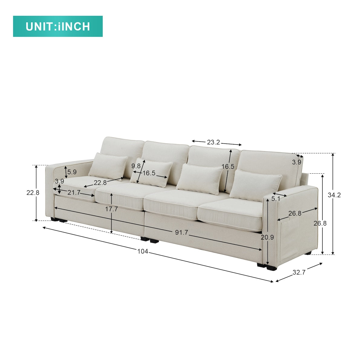 104" 4-Seater Modern Linen Fabric Sofa with Armrest Pockets and 4 Pillows,Minimalist Style Couch