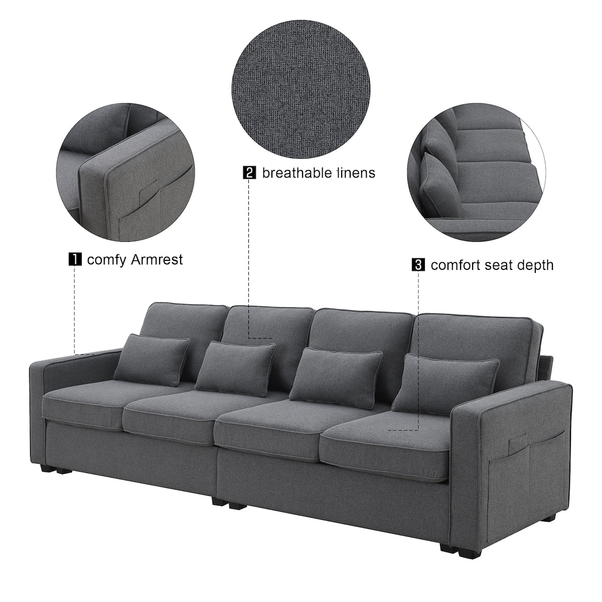 104" 4-Seater Modern Linen Fabric Sofa with Armrest Pockets and 4 Pillows,Minimalist Style Couch