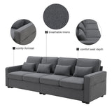 104" 4-Seater Modern Linen Fabric Sofa with Armrest Pockets and 4 Pillows,Minimalist Style Couch