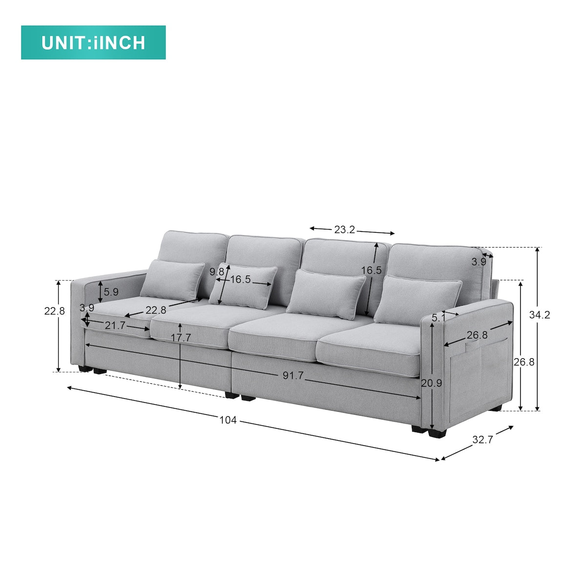 104" 4-Seater Modern Linen Fabric Sofa with Armrest Pockets and 4 Pillows,Minimalist Style Couch