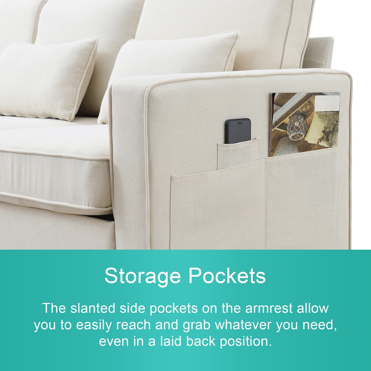 104" 4-Seater Modern Linen Fabric Sofa with Armrest Pockets and 4 Pillows,Minimalist Style Couch