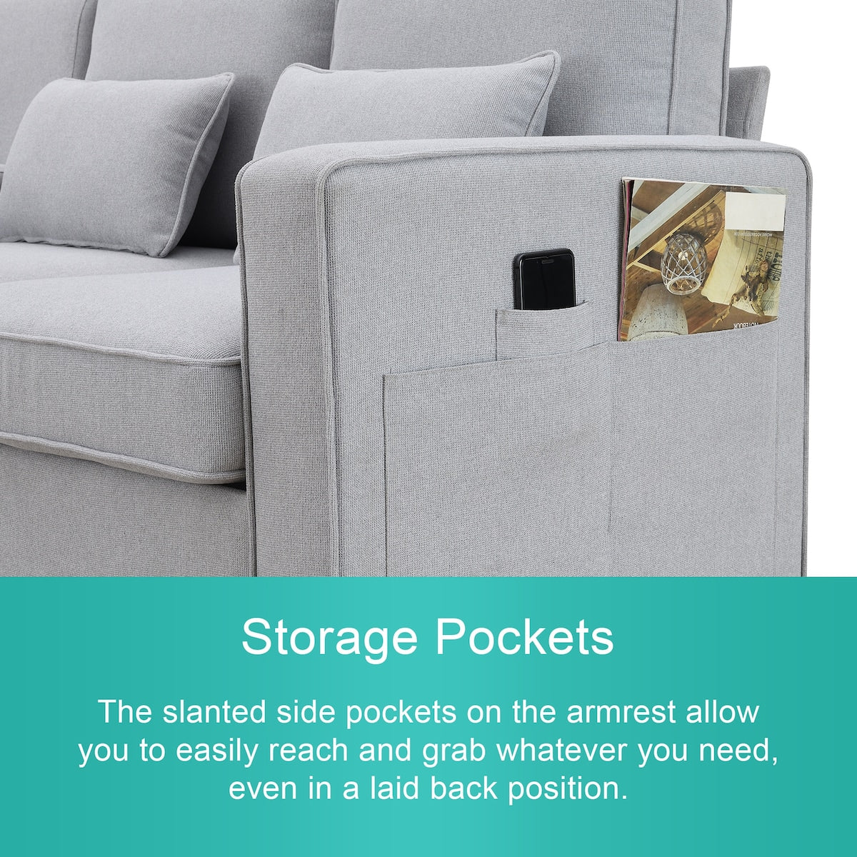 104" 4-Seater Modern Linen Fabric Sofa with Armrest Pockets and 4 Pillows,Minimalist Style Couch