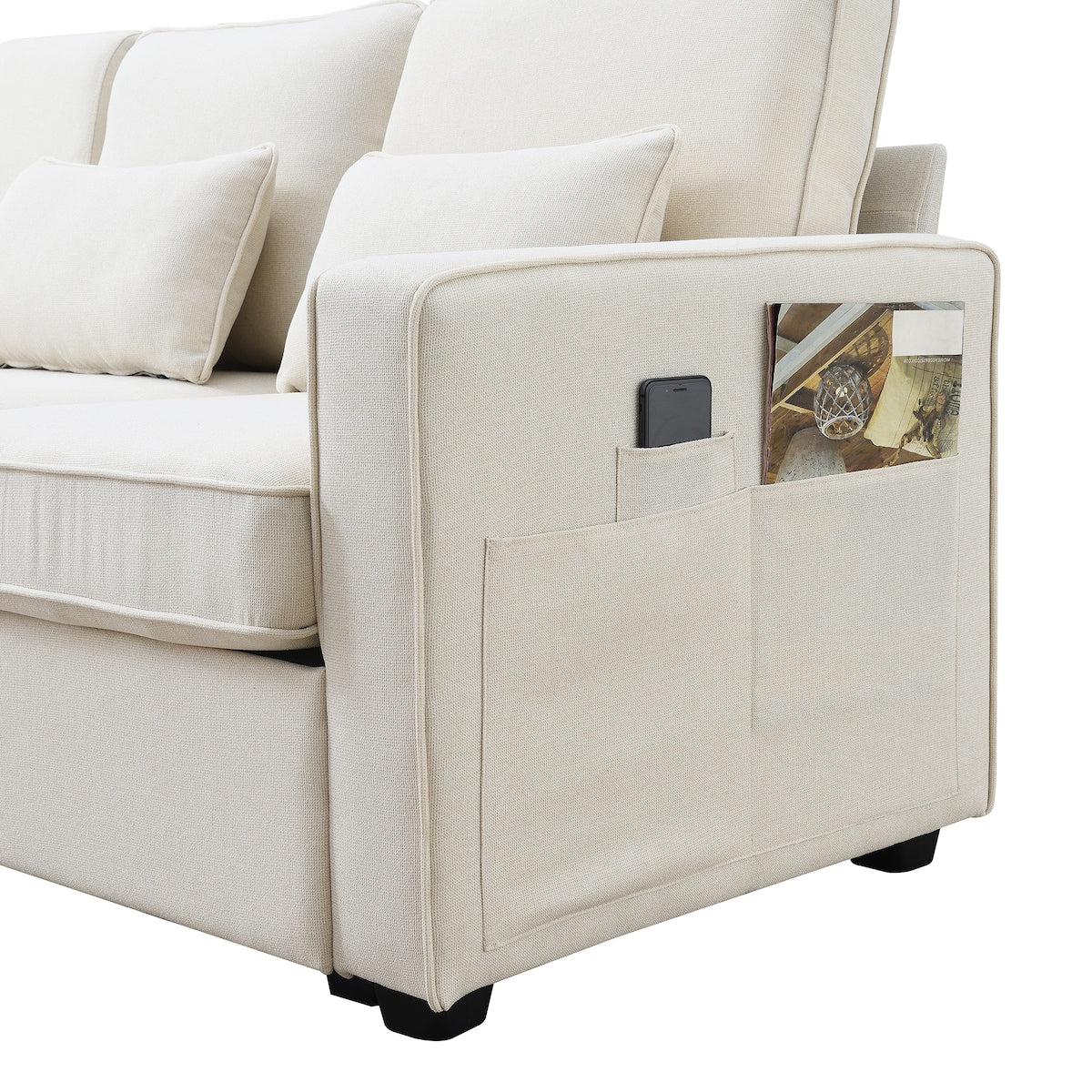 104" 4-Seater Modern Linen Fabric Sofa with Armrest Pockets and 4 Pillows,Minimalist Style Couch