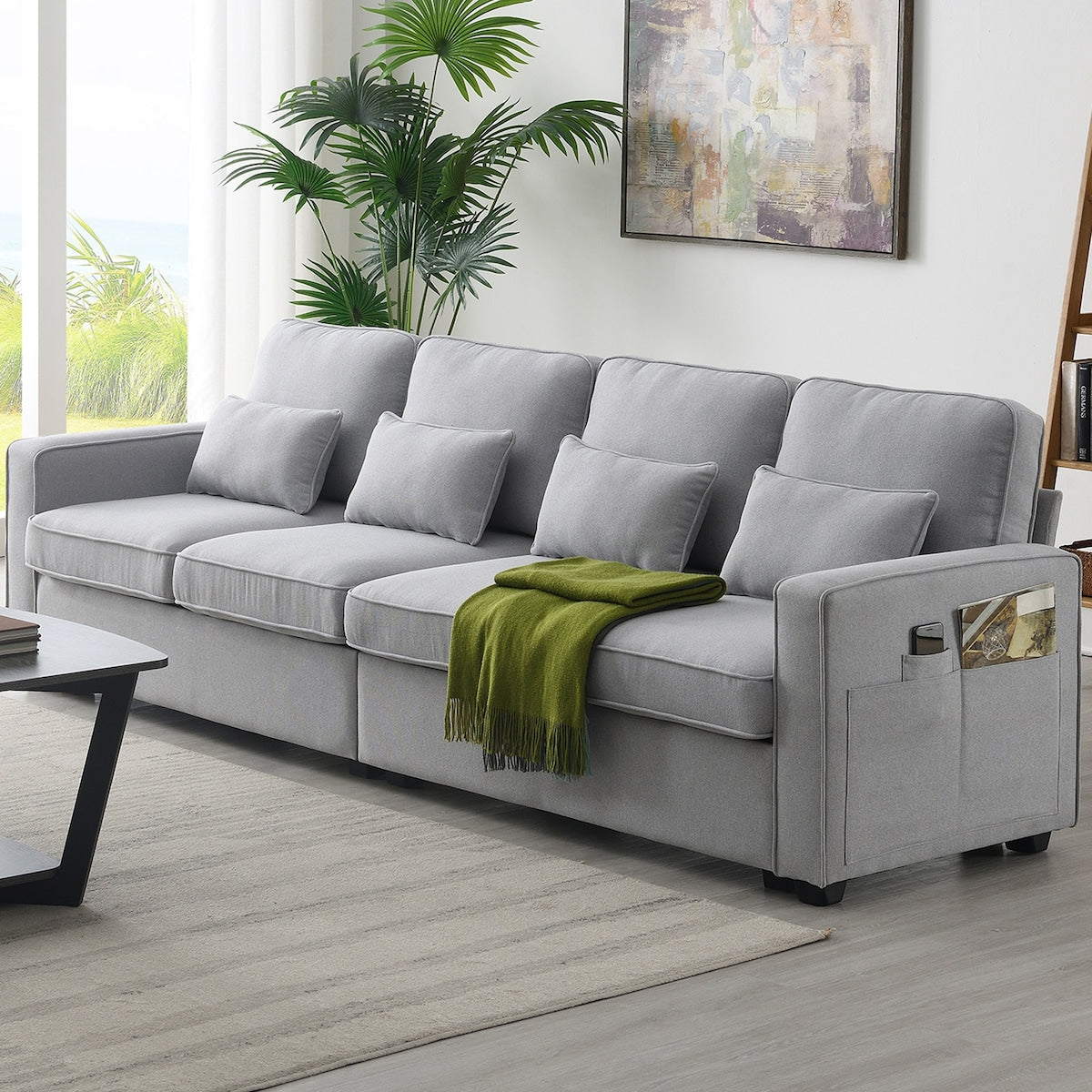 104" 4-Seater Modern Linen Fabric Sofa with Armrest Pockets and 4 Pillows,Minimalist Style Couch