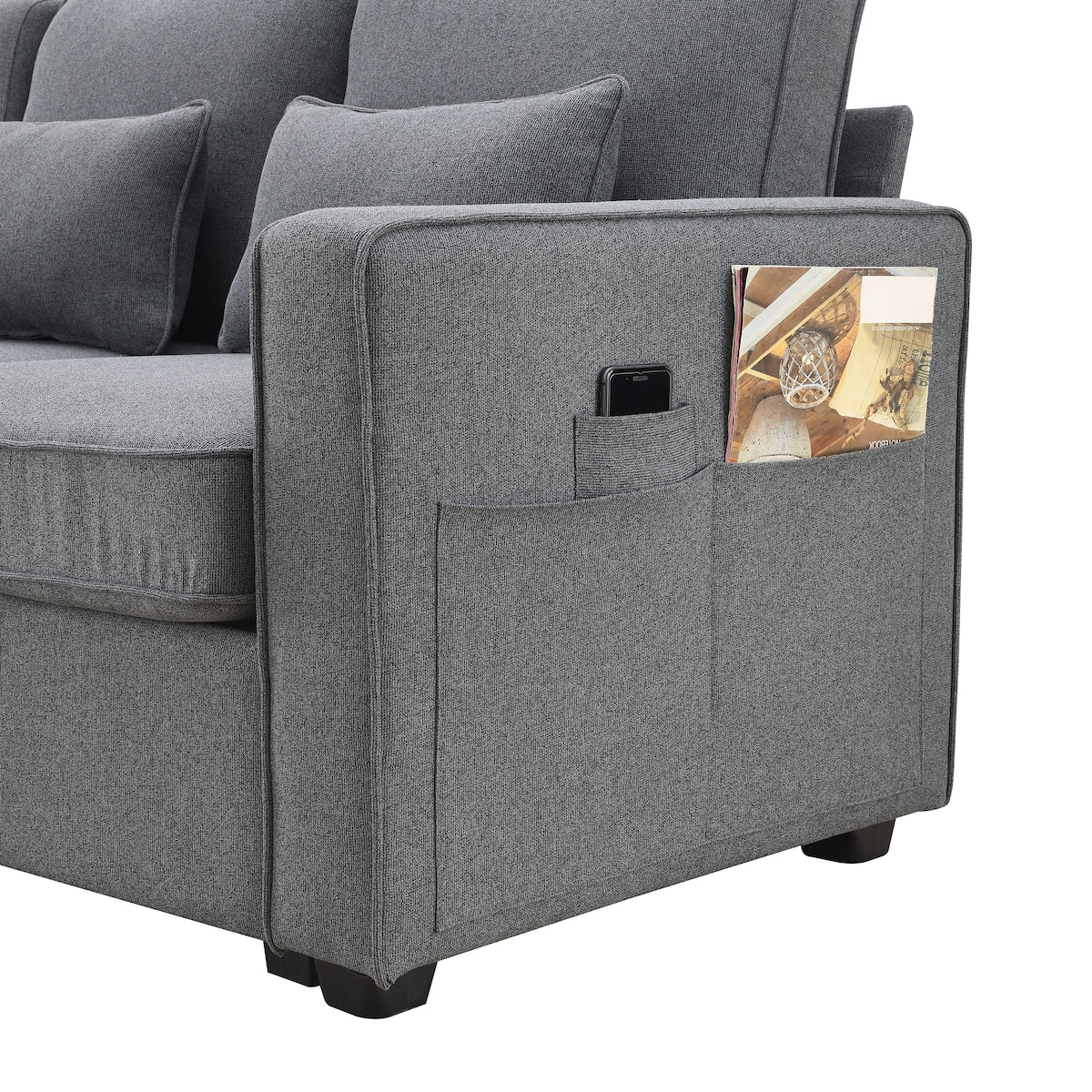 104" 4-Seater Modern Linen Fabric Sofa with Armrest Pockets and 4 Pillows,Minimalist Style Couch