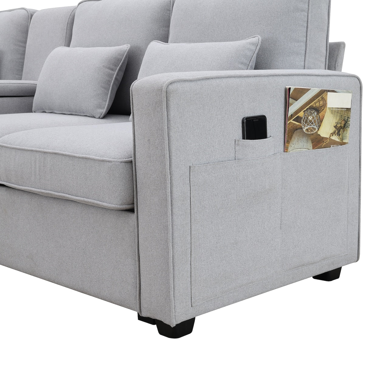 104" 4-Seater Modern Linen Fabric Sofa with Armrest Pockets and 4 Pillows,Minimalist Style Couch