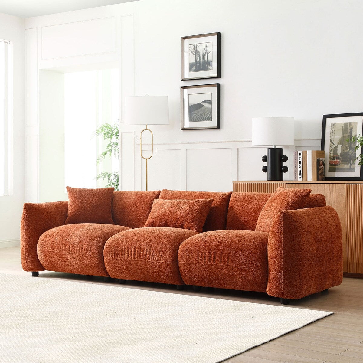 Upholstered Comfortable Soft Lamb Down White Sectional Sofa Couch with Ottoman